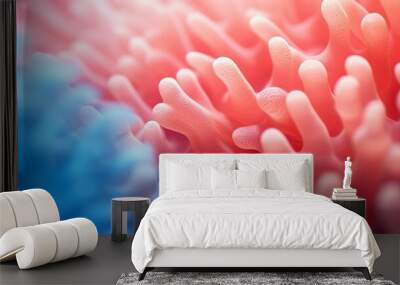 31. Extreme close-up of abstract blurred underwater coral, vibrant coral pink and deep ocean blue hues, in the style of gradient blurred wallpapers, depth of field, serene visuals, minimalistic simpli Wall mural