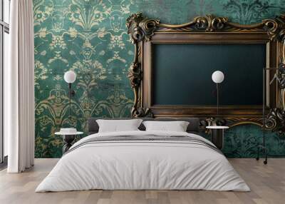 Medium bronze ornate blank frame on muted green vintage wallpaper, broad rustic luxurious setting. Wall mural