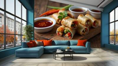 Fried vegetable spring rolls with sweet pepper and sauce on a wooden plate Wall mural