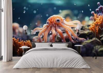 squid are swimming in the deep sea with coral Wall mural