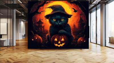 Cute black cat with witch hat, halloween cat with pumpkin. Generated by AI Wall mural