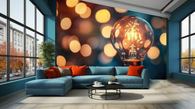 A glowing light bulb framed by delicate bokeh lights, symbolizing creativity and innovation in a sleek, modern design Wall mural