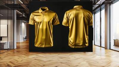 A metallic gold blank collared shirt mock-up template displayed against a black backdrop, front and back view, isolated with precision.  Wall mural