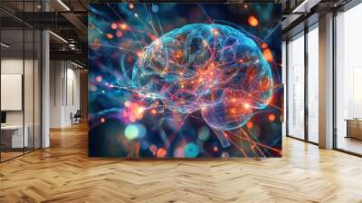 A vibrant digital illustration a brain, lit with neural connections, embodying cognitive innovation. Wall mural