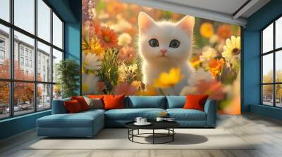 Adorable white kitten sitting in a field of wildflowers. Wall mural