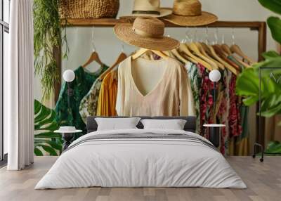 Assortment stylish summer clothing options, from casual to dressy, displayed for warm weather. Wall mural