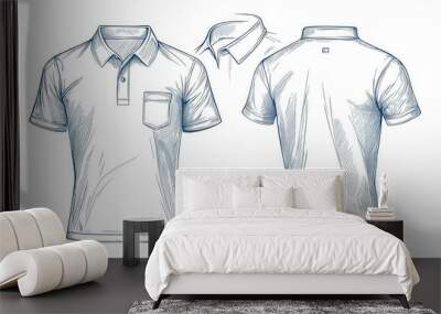 Fashion flat template design for polo T-shirts in technical line art sketch. Wall mural