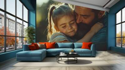 Heartwarming scene a bearded man hugging a little girl with pigtails. Wall mural