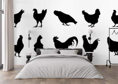 Hen chicken silhouette set, Hen silhouette, Set of chicken rooster silhouette vector Wall mural