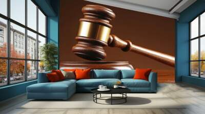 Judiciary's Decisive Moment: A judge's gavel strikes in a courtroom, capturing a crucial moment in the legal process. Wall mural