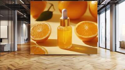 Natural vitamin C serum showcased with fresh orange fruit, perfect for beauty product branding. Wall mural