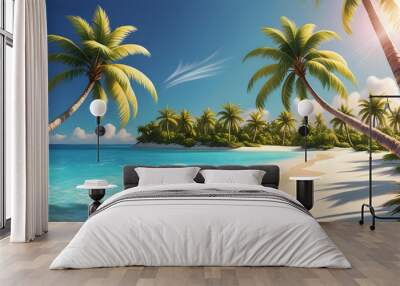 Palm trees swaying on a beautiful tropical beach under the sun Wall mural