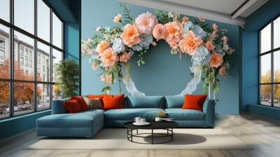 Peach and white floral wreath with lace on blue background Wall mural