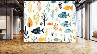 Playful ocean life, flat design vector, repeating for aquaticthemed stationery , simple lines drawing Wall mural