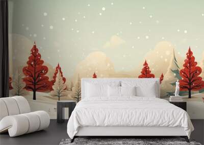 Snowy winter landscape with red trees and falling snow Wall mural