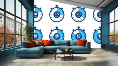 Stopwatch timer set, 5-minute clock on white background. Set of timers. Stopwatch icons. Countdown 5, 10, 15, 20, 25, 30, 35, 40, 45, 50, 55, 60 minutes - Vector Icon Wall mural