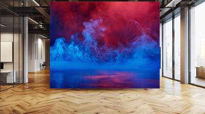 Swirling vivid blue smoke above a deep red floor, creating a misty and surreal atmosphere. Wall mural