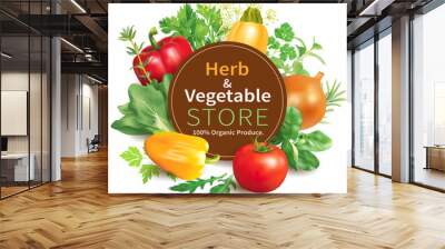 Herb and vegetable store background. Vector illustration. Wall mural