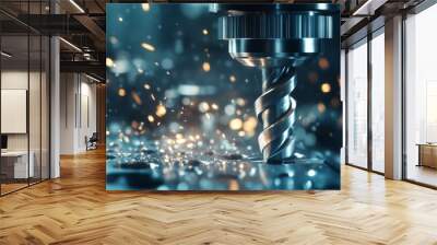 A detailed closeup view of a drill bit actively working, which beautifully showcases the incredible precision and advanced technology that are integral to modern metal manufacturing processes Wall mural