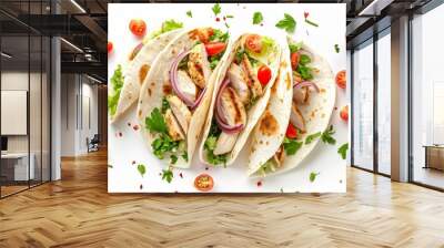 A detailed depiction of delicious chicken tacos adorned with fresh vegetables, herbs, and flavorful spices as toppings Wall mural