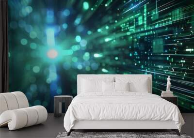 A digital data stream background with abstract elements in green and blue tones Wall mural