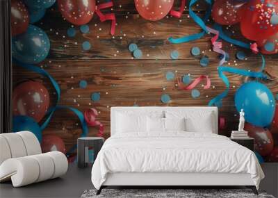 a light natural wooden table adorned with electric blue balloons, green confetti, and fashion access Wall mural