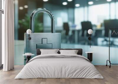 A padlock symbolizes security, emphasizing the importance of protecting sensitive healthcare data in hospitals to ensure patient privacy and maintain trust among all stakeholders in healthcare Wall mural