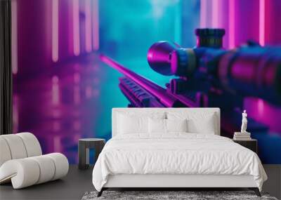 A stunning sniper rifle is showcased in a neonlit corridor, blending elegance with inherent danger Wall mural