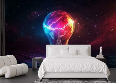 A vibrant, glowing light bulb with electric colors shines brilliantly against a cosmic background, symbolizing the endless possibilities of innovation in our rapidly evolving world Wall mural