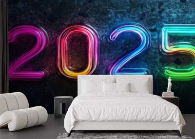 A vibrant and colorful neon 2025 sign is beautifully displayed against a dark background, ideal for futuristic themes Wall mural