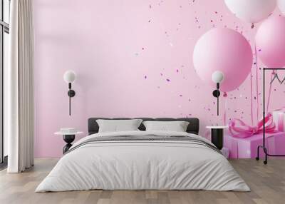 A vibrant and lively scene that features an array of pink balloons, colorful confetti, and beautifully wrapped gifts, making it the ideal backdrop for various celebrations and festive events Wall mural