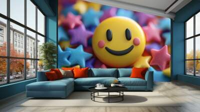 A vibrant smiley face with energetic stars symbolizes positivity, reflecting high customer satisfaction and exceptional feedback that drive success in business endeavors, engagement, and growth Wall mural