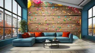 A wooden table decorated with yellow balloons, confetti, and party supplies. The fun and vibrant lighting create the perfect snapshot of a festive event Wall mural