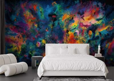 Abstract vibrant multicolor wet paint drops and splotch on black background. Bright orange and pink neon colors. Street art isolated. High quality photo Wall mural