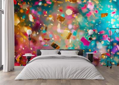 An artistic display of colorful confetti resembling a pattern of electric blue and magenta ornaments falling from the sky, creating a festive event atmosphere Wall mural