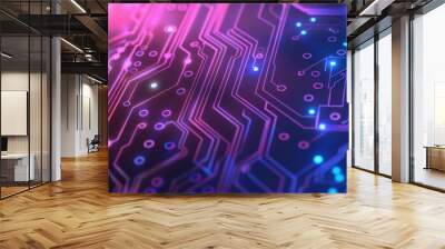 An electronic circuit board shines vibrant lights in purple and blue, showing complex pathways and components Wall mural