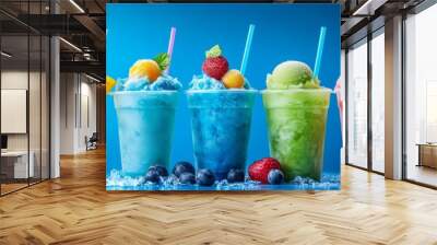 An exquisite and vibrant array of fruity ice cream cocktails served in colorful cups, the perfect choice for a refreshing treat and indulgence on warm days. An ideal delight for summer enjoyment Wall mural