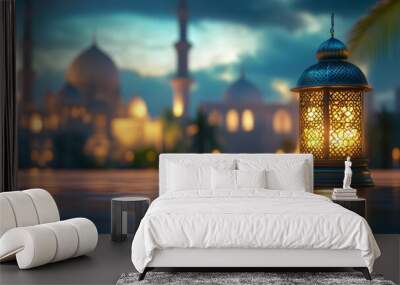 An ornate and beautifully designed lantern shines brilliantly against the tranquil backdrop of a serene mosque, embodying and capturing the rich spirit of Islamic culture and tradition Wall mural