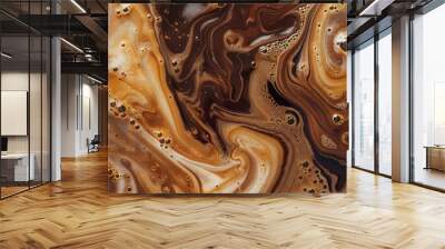 Close up abstract brown caramel shapes latte art in coffee. Liquid texture coffee background macro. Cappuccino and milk foam close up view. High quality photo Wall mural