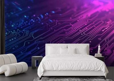 Closeup of a futuristic circuit board illuminated by blue and purple neon lights, with a cyberpunk aesthetic Wall mural