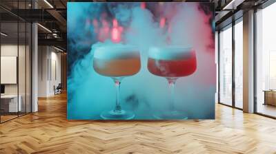 Dive into the exciting world of liquid nitrogen cocktails, where vibrant hues and enchanting fog combine to create a truly mesmerizing and unforgettable experience within the lively bar scene Wall mural