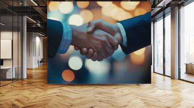 In a closeup shot, two businessmen are shaking hands, which symbolizes the essence of teamwork, effective networking, and the achievement of successful agreements in a dynamic corporate environment Wall mural