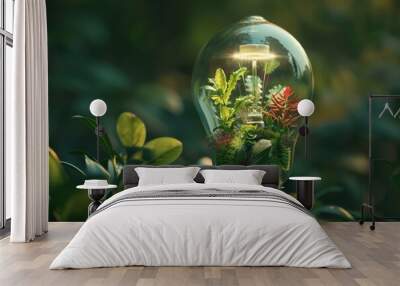 Light bulb with plants inside representing green energy, eco-friendly technology, and sustainability. Wall mural