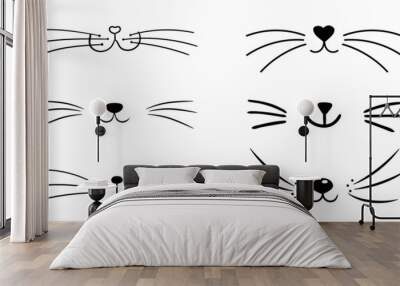 Set of vector flat cat heart nose. Cute cat face silhouette icon collection. Logo illustration isolated on white background Wall mural