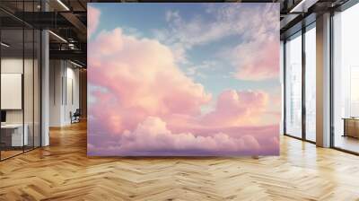 Surreal cloud podium outdoor on blue sky pink pastel soft fluffy clouds with empty space. Beauty cosmetic product placement pedestal present promotion minimal display, summer paradise dreamy concept Wall mural