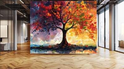 The abstract painting shows a tree with colorful leaves under a dramatic sunset sky, conveying beauty and harmony Wall mural