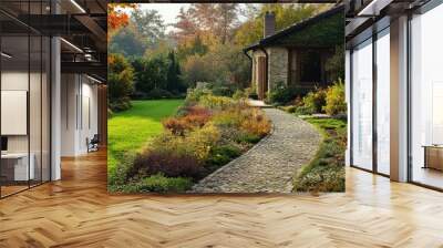 The charming UK garden features a naturalistic design with vibrant autumn leaves, a cozy retreat house, and stunning hard landscaping, creating an impressive scene for all to enjoy Wall mural