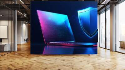 This abstract cyber security illustration features a modern laptop and a sleek blue guard shield, symbolizing the vital themes of protection and security in the vast digital world Wall mural