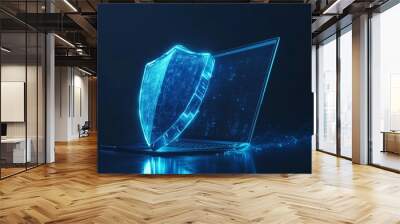 This abstract representation of cyber security features a sleek laptop and a blue, futuristic guard shield, symbolizing essential digital protection and assurance against online threats Wall mural