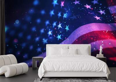 This vibrant abstract artwork captures the movement of the American flag, illuminated by shining stars that symbolize national pride and unity among diverse groups across the nation Wall mural